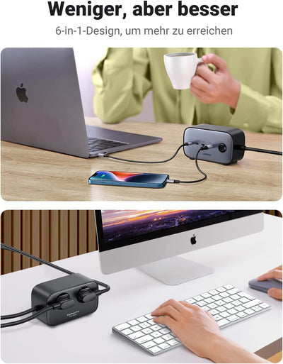 UGREEN Caricatore USB ciabatta 100W GaN Nexode- 3x Type-C- 1xUSB3- 2x Schuko- Black