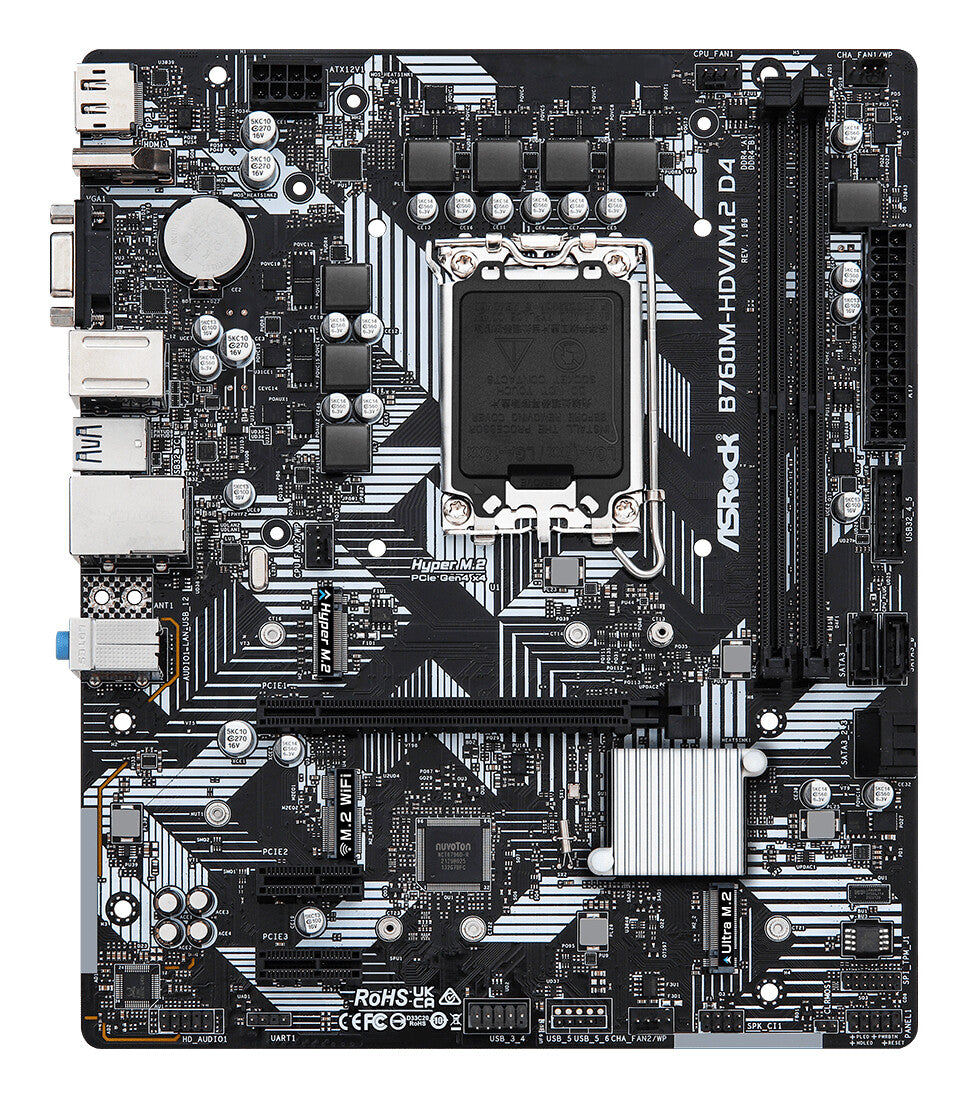 MB Asrock 1700 Intel B760M HDV/M.2 D4- 2xDDR4- 4SATA3- 1xHyper M.2 1xUltra M.2- HDMI DP D-sub mATX