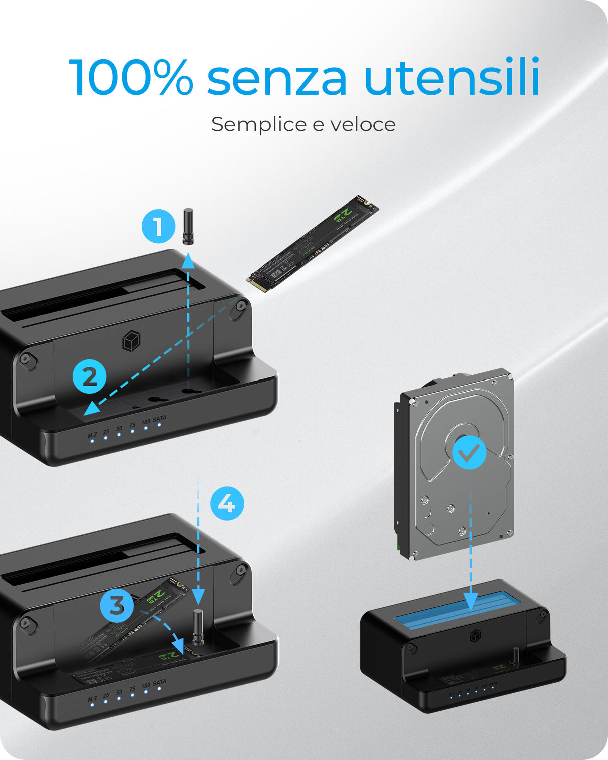 ICY BOX Docking Clone Dual Way- per SSD M.2 NVMe e SSD/HDD SATA da 2. 5"e 3.5" a USB 3.2 Gen2- nero