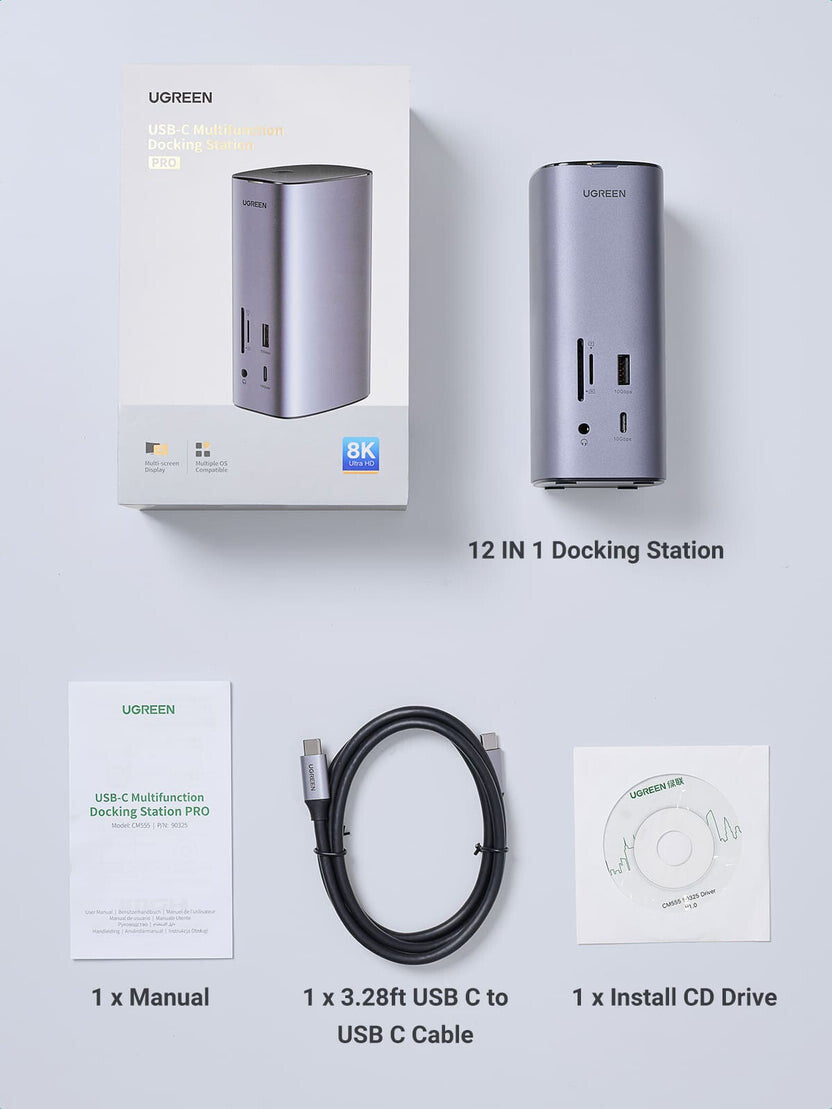 UGREEN Docking Station Triple Display- 12-in-1- 8K 2xHDMI & DP- USB-C 10G- RJ45- PD 100W- 3xUSBA- CR- Audio
