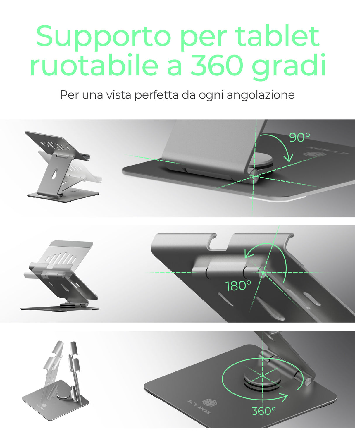 ICY BOX Supporto per tablet fino a 12.9"- girevole e regolabile- alluminio