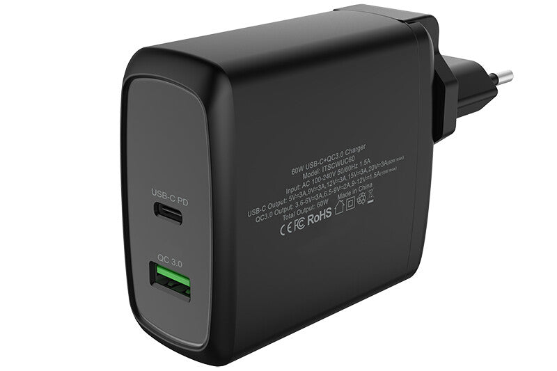 Caricabatteria da muro da 60W- 6A(2x3A) con 2 porte: 1xType-C PD- 1xQC3.0- Smart IC