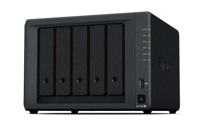 Synology NAS DS1522+ 5-Bay 2.5"/3.5" SSD/HDD- AMD Ryzen R1600- 8GB D4- 2xUSB3- 4xRJ45- eSATA