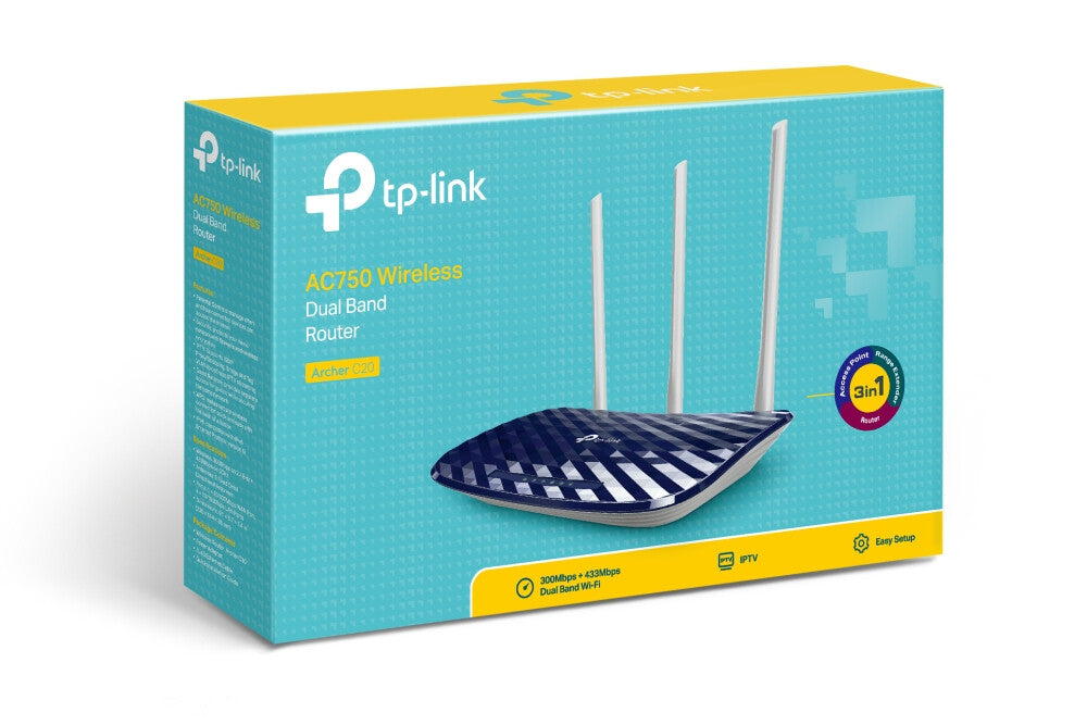 TP-LINK Router Wi-Fi AC750- MediaTek- 433Mbps at 5GHz + 300Mbps at 2.4GHz- 802.11ac/a/b/g/n- 10/100M LAN- Wireless On/Off- 2 ant