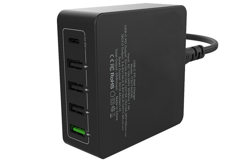 Caricabatteria da tavolo da 60W- 13.2A(2x3A- 3x2.4A) con 5 porte: 1xUSB-C PD- 3xUSB Smart- 1xQC3.0- Smart IC