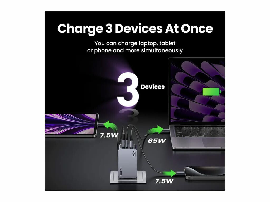UGREEN Caricatore USB 100W GaN Nexode Pro- 2x Type-C- 1xUSB3 Black
