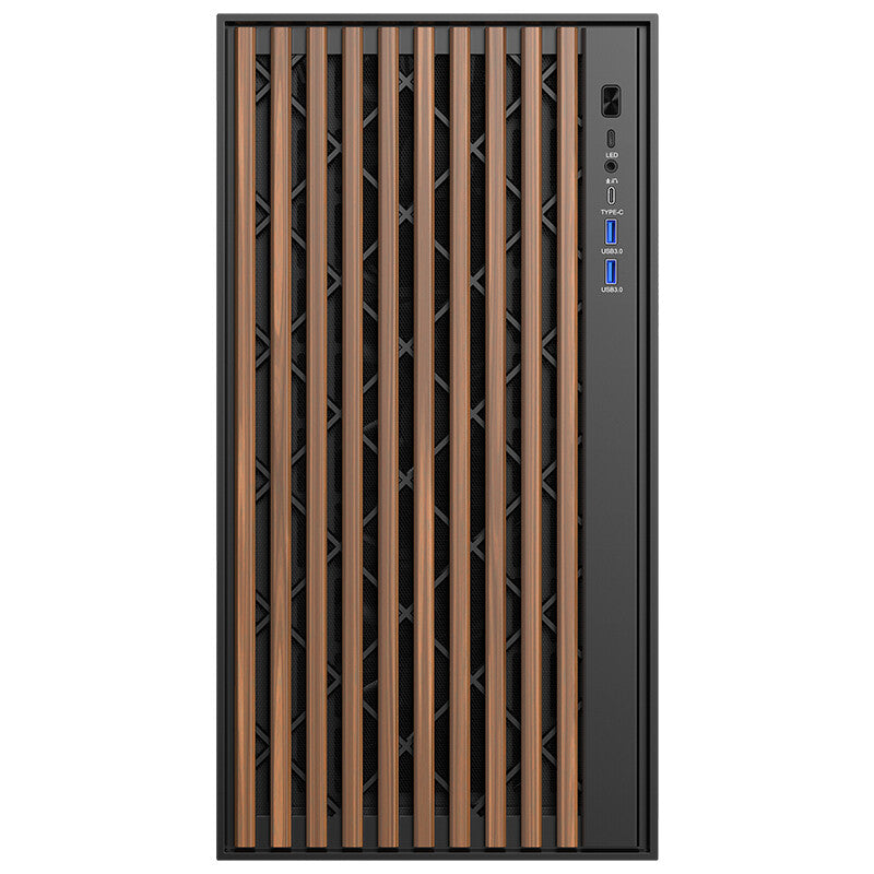 Case WOODY - Gaming Tower- ATX- 3x14cm Black fan- 2xUSB3- Type-C- Wood Front- Temp Glass Side Panel