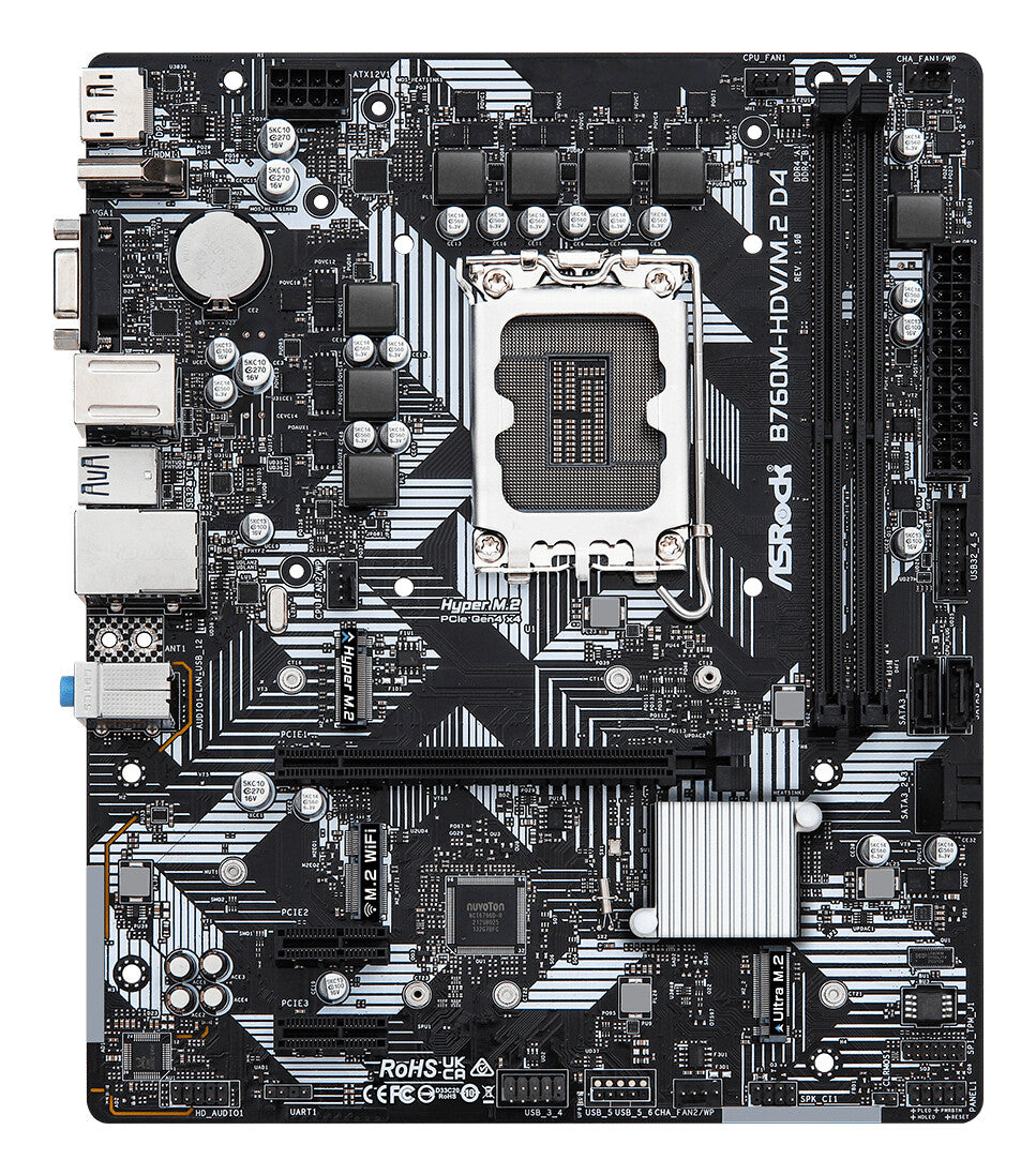 MB Asrock 1700 Intel B760M HDV/M.2 D4- 2xDDR4- 4SATA3- 1xHyper M.2 1xUltra M.2- HDMI DP D-sub mATX