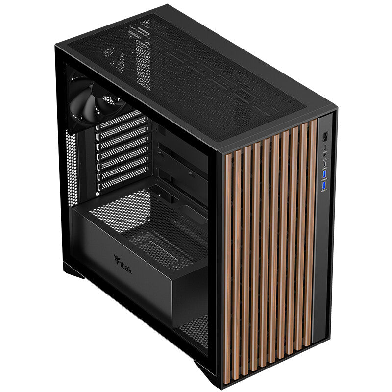 Case WOODY - Gaming Tower- ATX- 3x14cm Black fan- 2xUSB3- Type-C- Wood Front- Temp Glass Side Panel