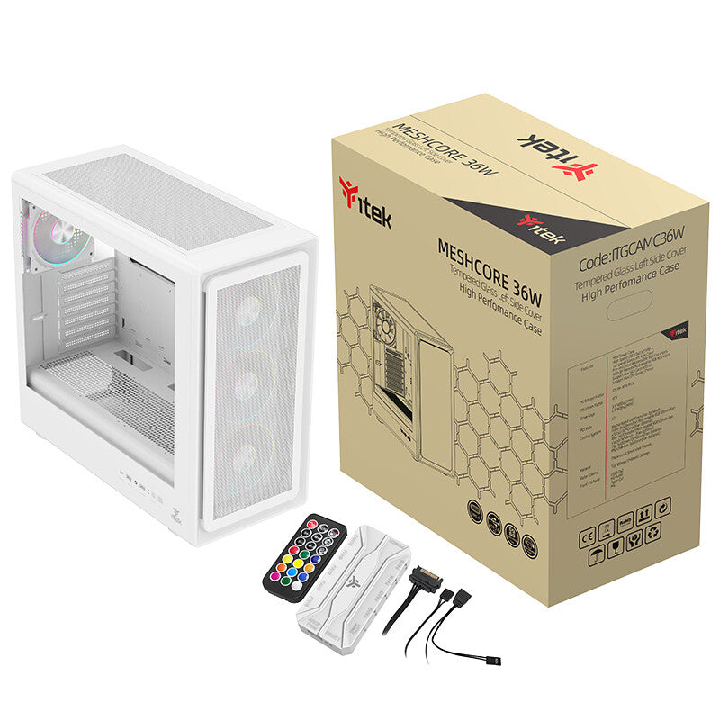 Case MESHCORE 36W - Gaming Tower- ATX- 4x12cm ARGB fan- 2xUSB3- Type-C- Temp Glass Side Panel- White Ed.