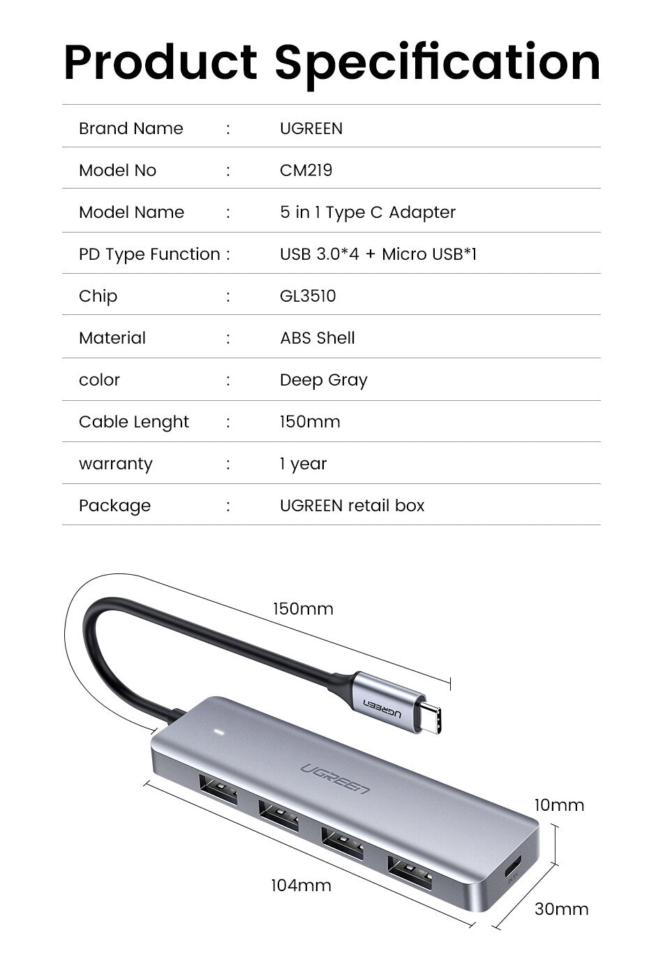 UGREEN HUB USB3.0 - 4 porte USB3.0 e USB-C Power Supply- case ultra slim in metallo