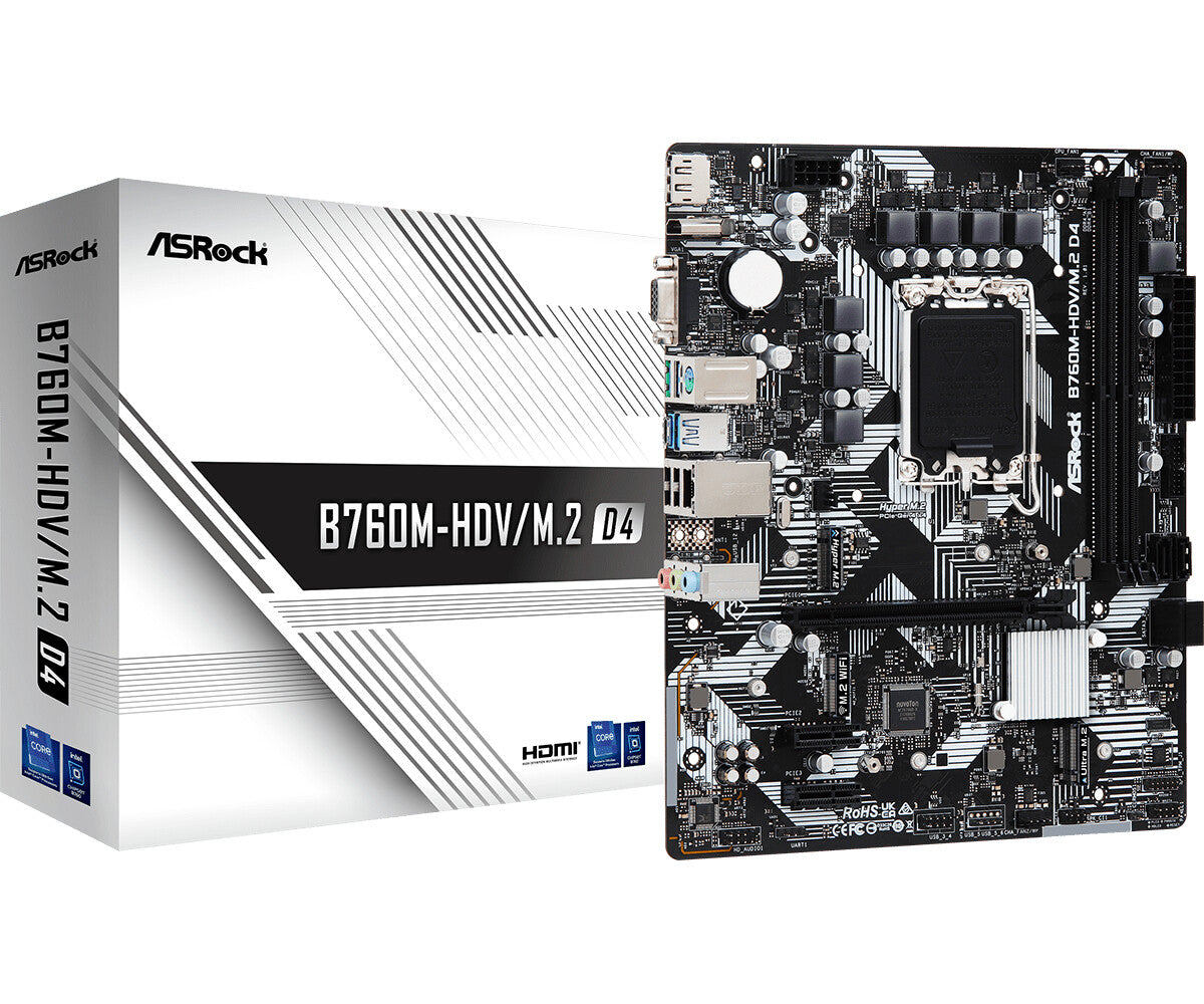 MB Asrock 1700 Intel B760M HDV/M.2 D4- 2xDDR4- 4SATA3- 1xHyper M.2 1xUltra M.2- HDMI DP D-sub mATX