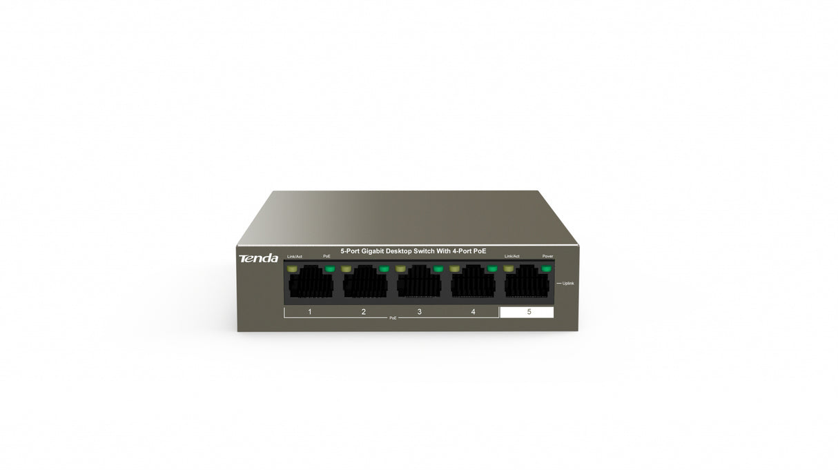 Tenda SWITCH BUSINESS TEG1105P 4 63W - IEEE 802.3/u/x/ab- 802.3af/at- 4xGE(PoE)+1xGE(Data)- output: 58W- Prot Ful 6KV- VLAN