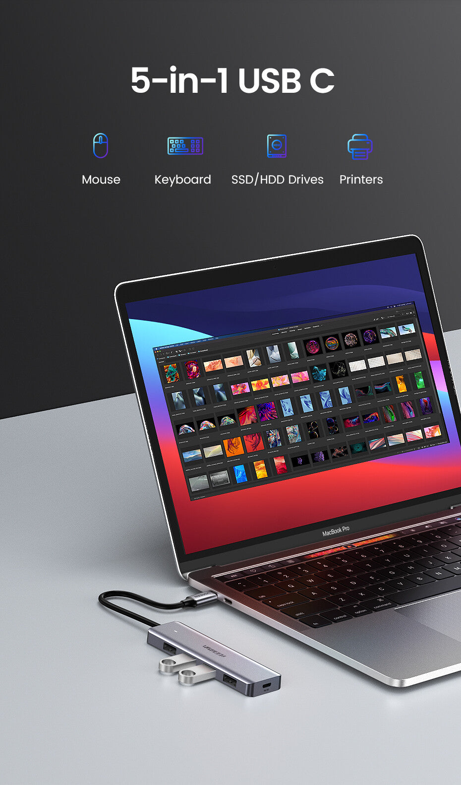 UGREEN HUB USB3.0 - 4 porte USB3.0 e USB-C Power Supply- case ultra slim in metallo