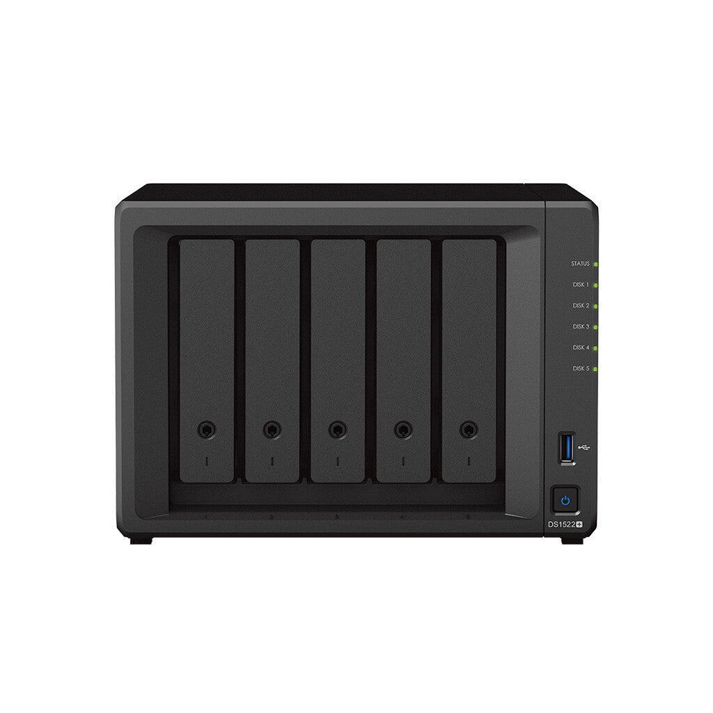 Synology NAS DS1522+ 5-Bay 2.5"/3.5" SSD/HDD- AMD Ryzen R1600- 8GB D4- 2xUSB3- 4xRJ45- eSATA