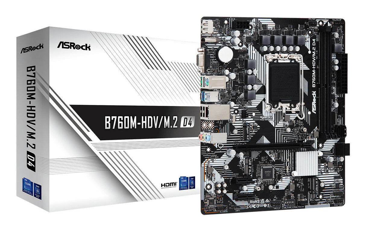 MB Asrock 1700 Intel B760M HDV/M.2 D4- 2xDDR4- 4SATA3- 1xHyper M.2 1xUltra M.2- HDMI DP D-sub mATX