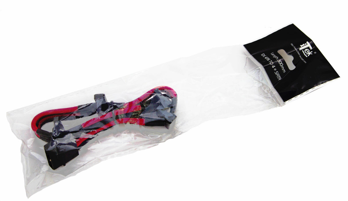 Cavo\Prolunga Sleevato IDE 4Pin a 4xSATA- 300mm- Nero Rosso