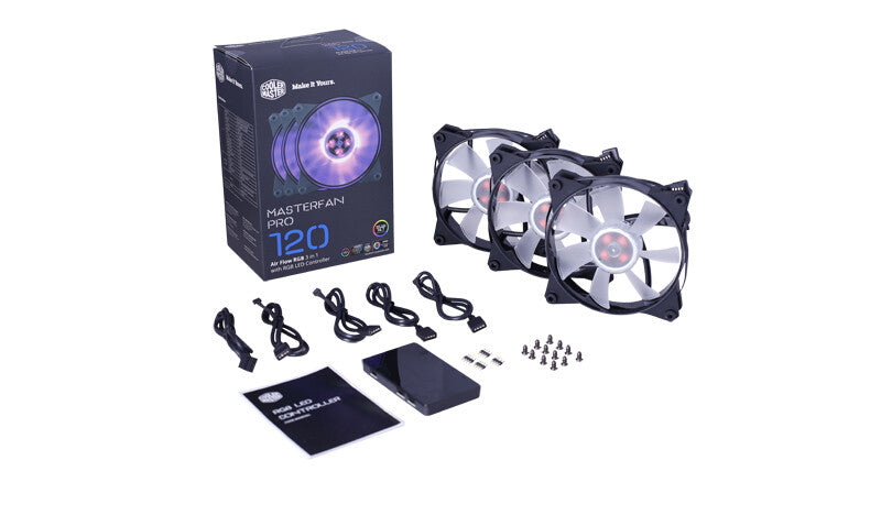 MasterFan Pro 120 Air Flow RGB PACK- 120mm LED fan- 650 ~ 1100 RPM- 3in1 with RGB controller