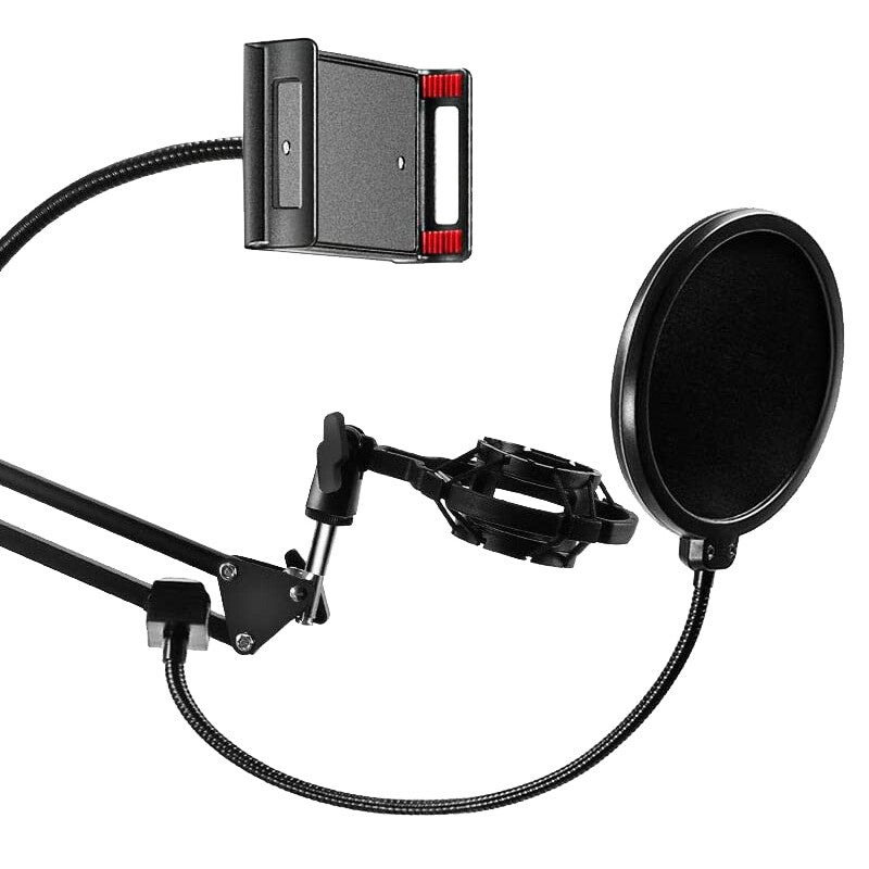 Braccio Supporto Regolabile da tavolo per Microfono e Smartphone con Filtro Antipop- Ragno- Clips