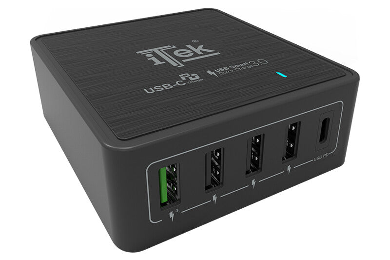 Caricabatteria da tavolo da 60W- 13.2A(2x3A- 3x2.4A) con 5 porte: 1xUSB-C PD- 3xUSB Smart- 1xQC3.0- Smart IC
