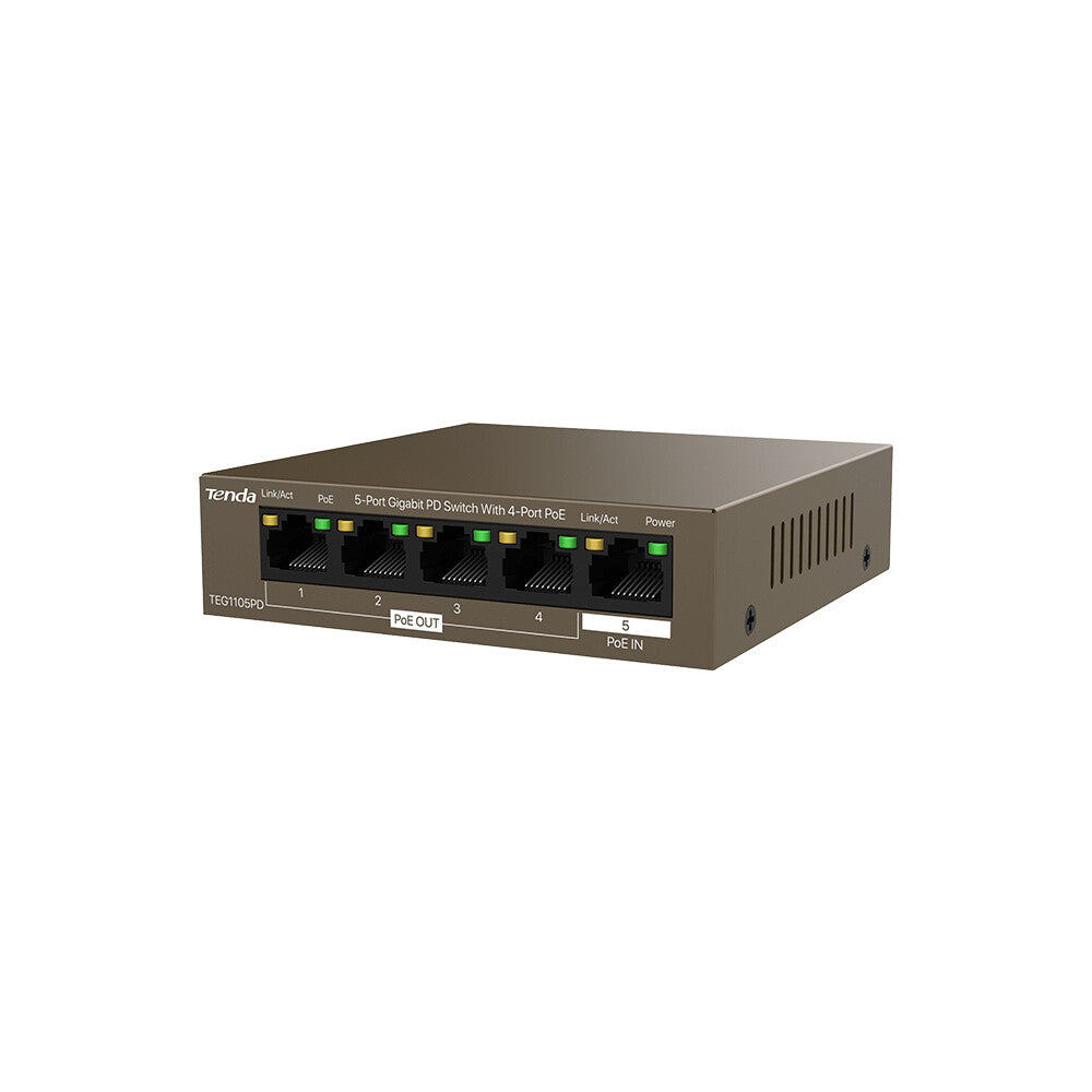 Tenda SWITCH BUSINESS TEG1105PD - 5P Gigabit Desktop PD With 4P PoE Gbps data transm- PSE & PD- Prot Fulm 6kV- PoE Relay