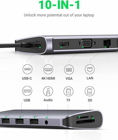UGREEN HUB USB Type-C- 10 in 1- HDMI- VGA- Ethern.- SD/TF- PD 100W- 3xUSB3- AUX3.5 (Gray)