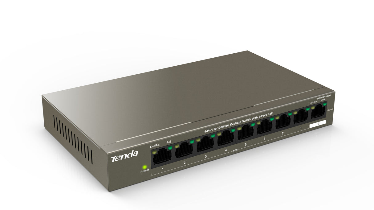 Tenda SWITCH PoE TEF1109P 8 63W - IEEE 802.3/u/x-IEEE802.3af/at IEEE-8xFE(PoE)+2xFE(Data+NVR)-output: 58W-Prot Ful 6KV-Extend