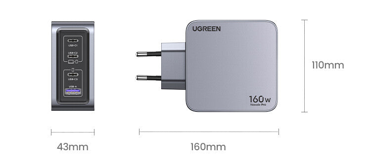 UGREEN Caricatore USB 160W GaN Nexode Pro- 3x Type-C- 1xUSB3 Black