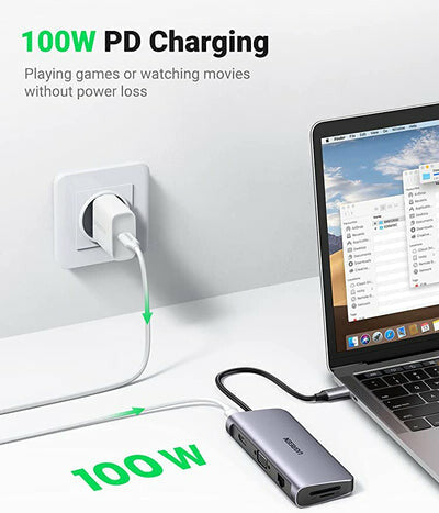 UGREEN HUB USB Type-C- 10 in 1- HDMI- VGA- Ethern.- SD/TF- PD 100W- 3xUSB3- AUX3.5 (Gray)