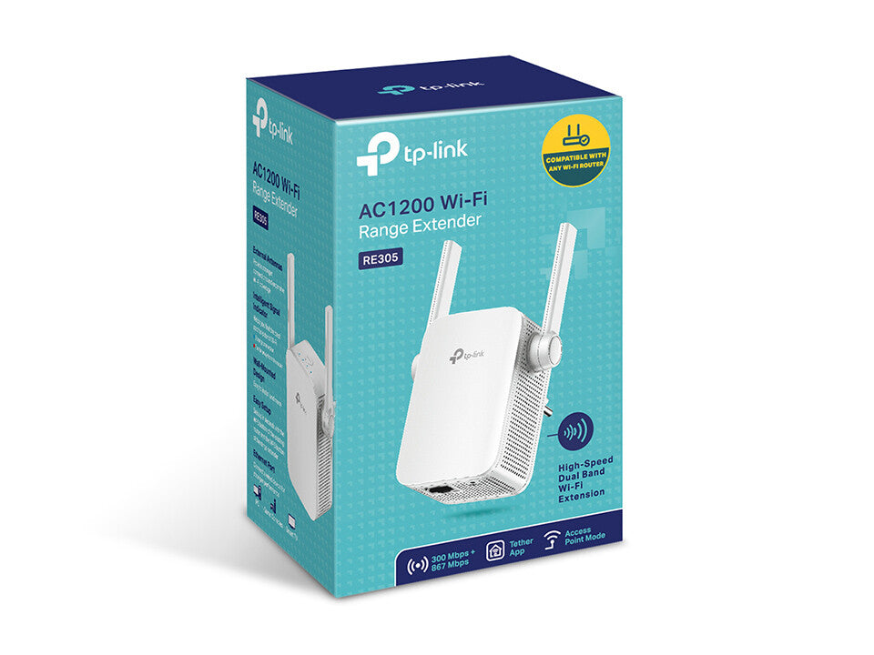 TP-LINK Extender Wi-Fi AC1200- 867Mbps at 5GHz + 300Mbps at 2.4GHz- 802.11ac/a/b/g/n- 1 10/100M LAN- WPS- 2 antenna