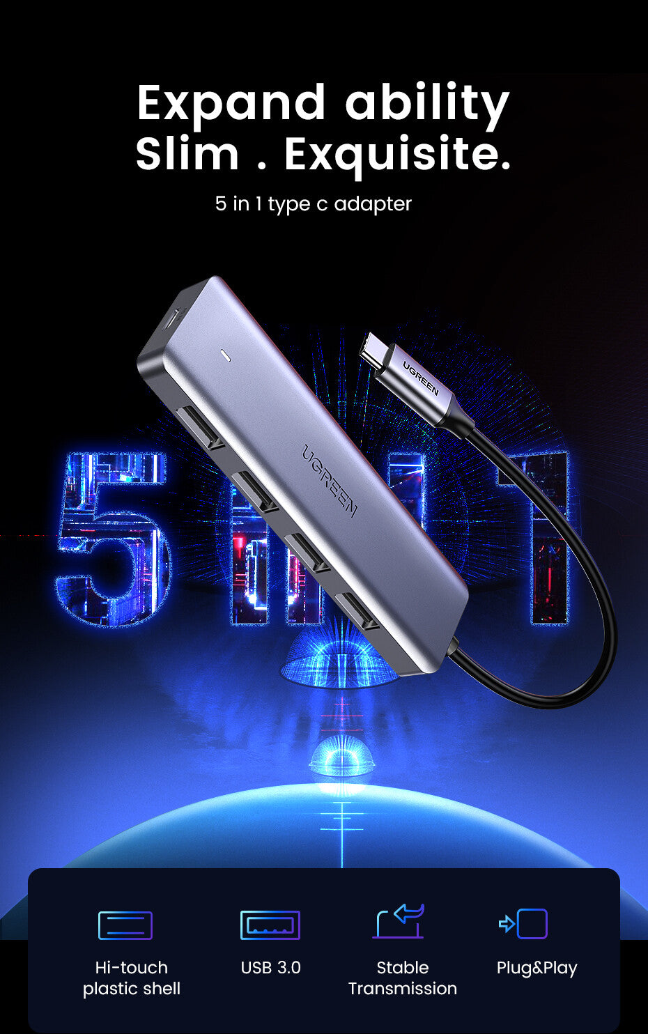 UGREEN HUB USB3.0 - 4 porte USB3.0 e USB-C Power Supply- case ultra slim in metallo