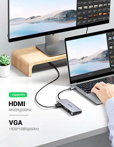 UGREEN HUB USB Type-C- 10 in 1- HDMI- VGA- Ethern.- SD/TF- PD 100W- 3xUSB3- AUX3.5 (Gray)
