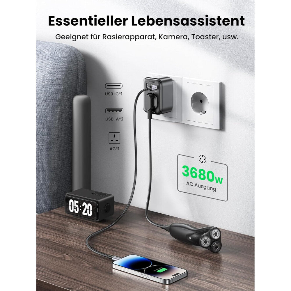 UGREEN Caricatore USB da muro 30W Diginest- GaN- 1x Type-C- 2xUSB3- 1x Schuko- Black