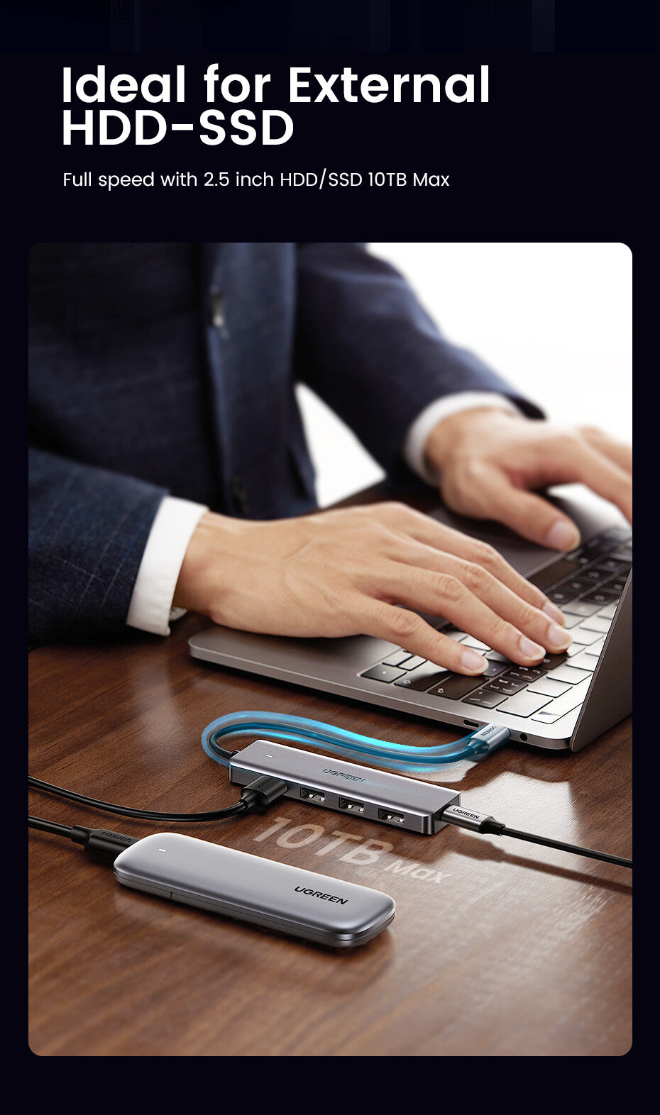 UGREEN HUB USB3.0 - 4 porte USB3.0 e USB-C Power Supply- case ultra slim in metallo