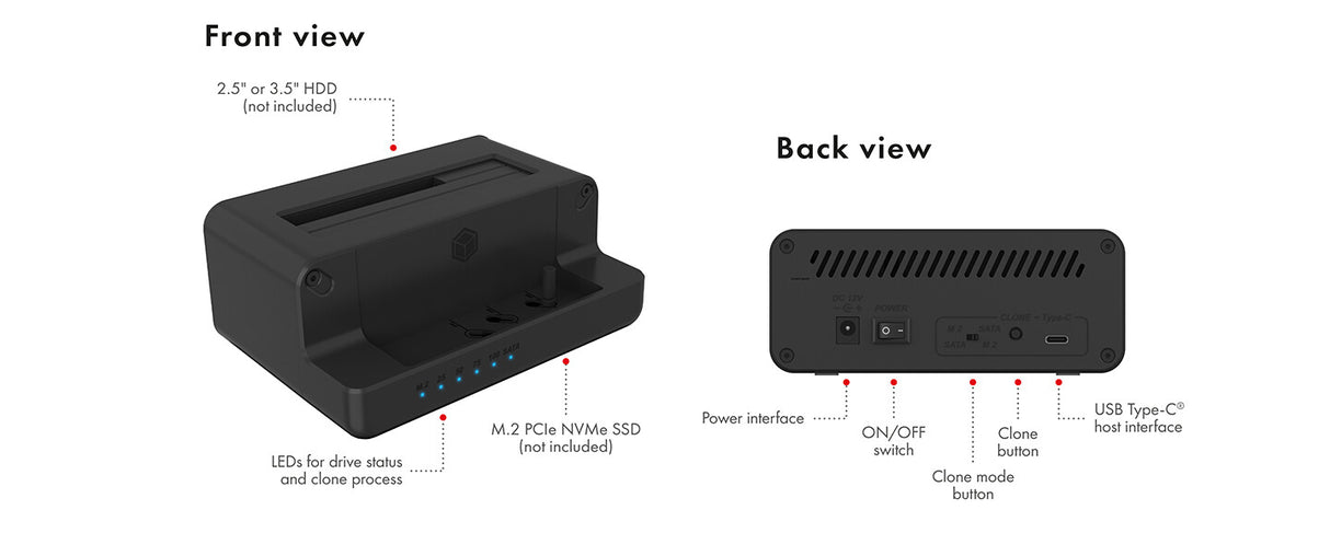 ICY BOX Docking Clone Dual Way- per SSD M.2 NVMe e SSD/HDD SATA da 2. 5"e 3.5" a USB 3.2 Gen2- nero