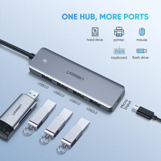 UGREEN HUB USB3.0 - 4 porte USB3.0 e USB-C Power Supply- case ultra slim in metallo