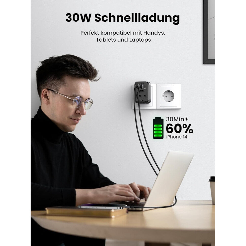 UGREEN Caricatore USB da muro 30W Diginest- GaN- 1x Type-C- 2xUSB3- 1x Schuko- Black