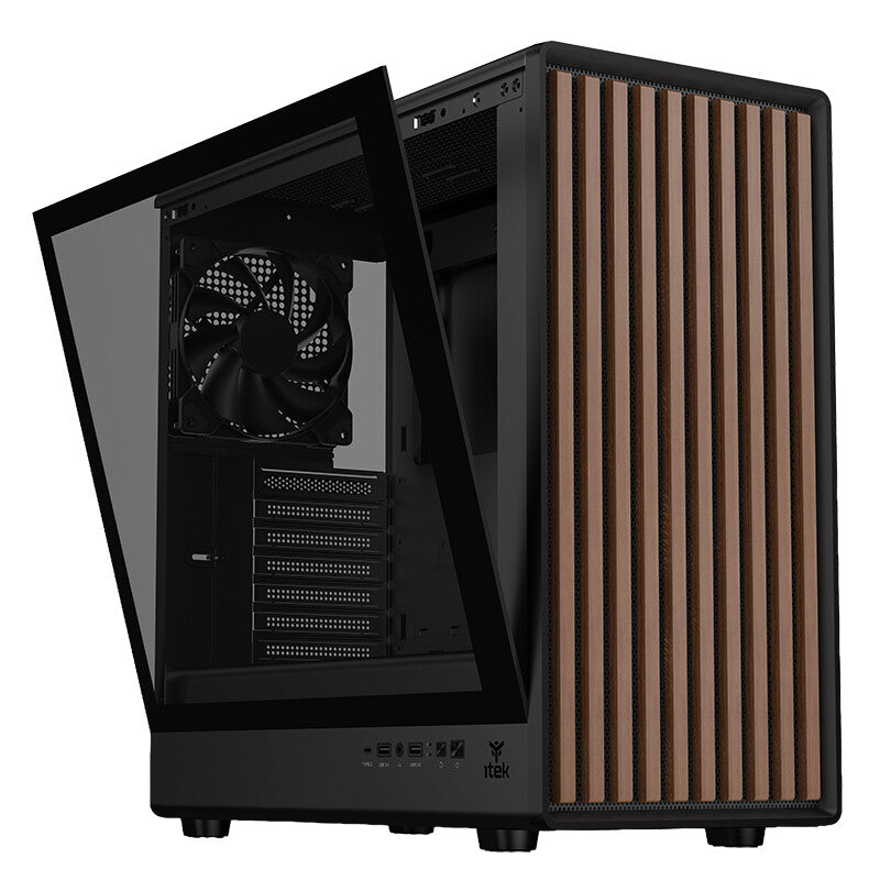 Case WOODY W2B - Gaming Tower- ATX- 4x14cm Black fan- 2xUSB3- Type-C- Wood Front- Darker Temp Glass Side Panel