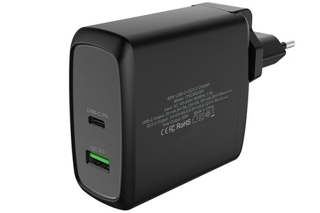 60W- 6A(2x3A) Wall Charger with 2 Ports: 1xType-C PD- 1xQC3.0- Smart IC