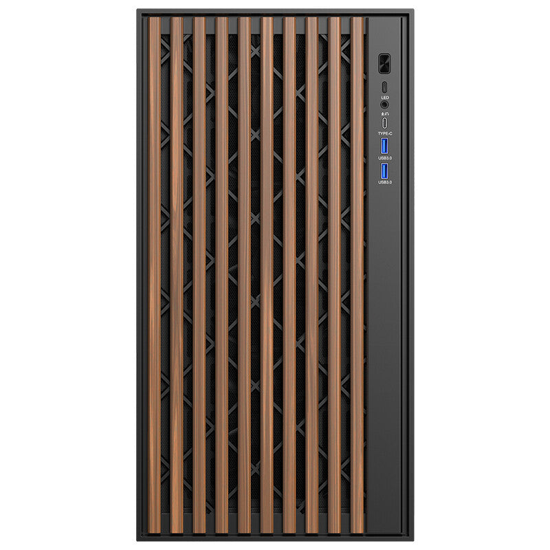 Case WOODY - Gaming Tower- ATX- 3x14cm Black fan- 2xUSB3- Type-C-  Wood Front- Temp Glass Side Panel