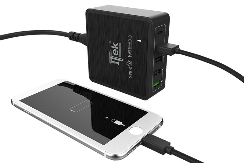 Caricabatteria da tavolo da 60W- 13.2A(2x3A- 3x2.4A) con 5 porte: 1xUSB-C PD- 3xUSB  Smart- 1xQC3.0- Smart IC