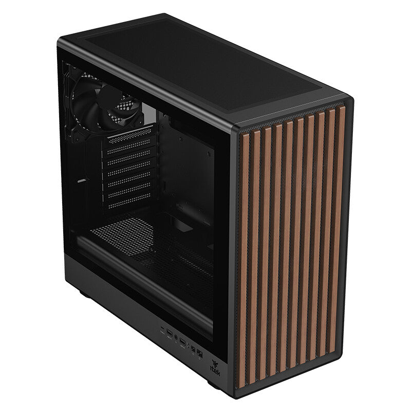 Case WOODY W2B - Gaming Tower- ATX- 4x14cm Black fan- 2xUSB3- Type-C- Wood Front- Darker Temp Glass Side Panel