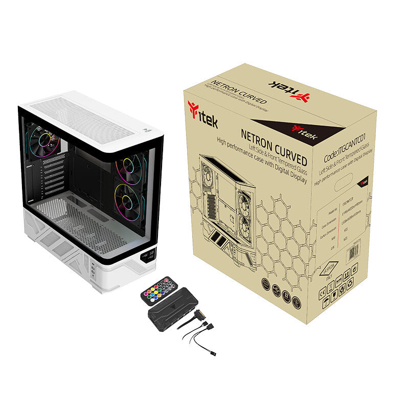 Case NETRON CURVED - Gaming Tower- ATX- 3x12cm ARGB fan- 2xUSB3- Type-C- Darker Temp Glass Side & Front Panel- Display