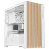 Case WOODY - Gaming Tower- ATX- 3x14cm White fan- 2xUSB3- Type-C-  Wood Front- Temp Glass Side Panel- White Edtion