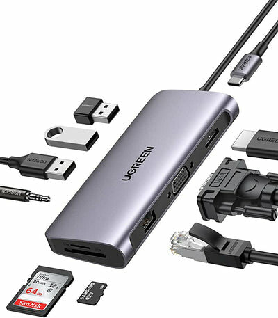 UGREEN HUB USB Type-C- 10 in 1- HDMI- VGA- Ethern.- SD/TF- PD 100W- 3xUSB3- AUX3.5 (Gray)