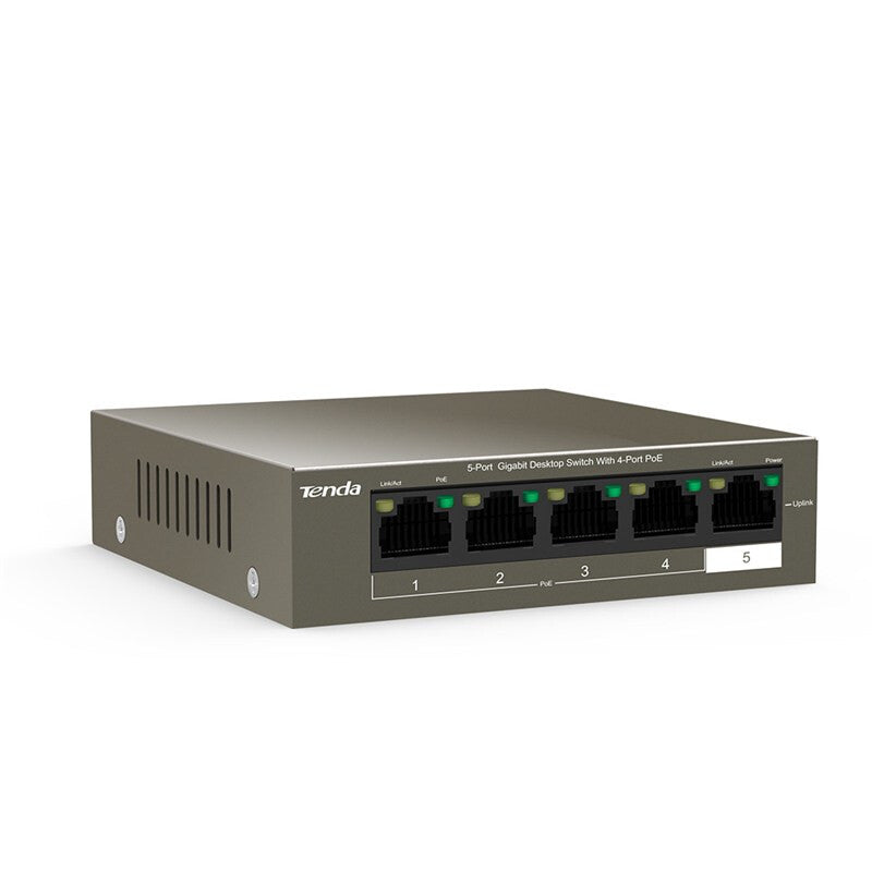 Tenda SWITCH BUSINESS TEG1105P 4 63W - IEEE 802.3/u/x/ab- 802.3af/at- 4xGE(PoE)+1xGE(Data)- output: 58W- Prot Ful 6KV- VLAN