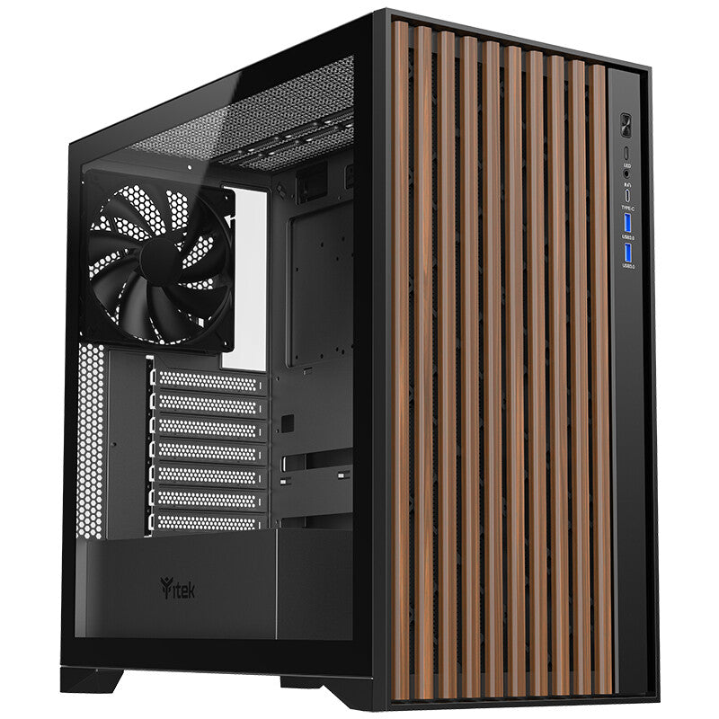 Case WOODY - Gaming Tower- ATX- 3x14cm Black fan- 2xUSB3- Type-C-  Wood Front- Temp Glass Side Panel