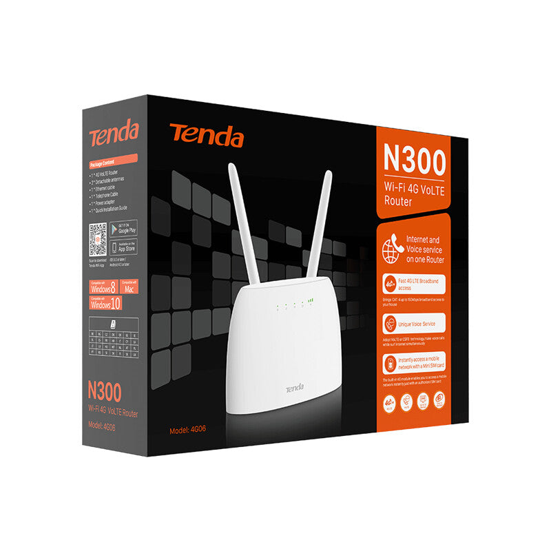 Tenda 4G ROUTER 4G06 - CAT4- 802.11 b/g/n- 2.4GHz: 300Mbps- 1P 10/100Mbps WAN/LAN- 1P 10/100Mbps LAN- VoLTE- 2Ant- WPS