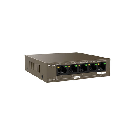 Tenda SWITCH BUSINESS TEG1105PD - 5P Gigabit Desktop PD With 4P PoE Gbps data transm- PSE & PD- Prot Fulm 6kV- PoE Relay