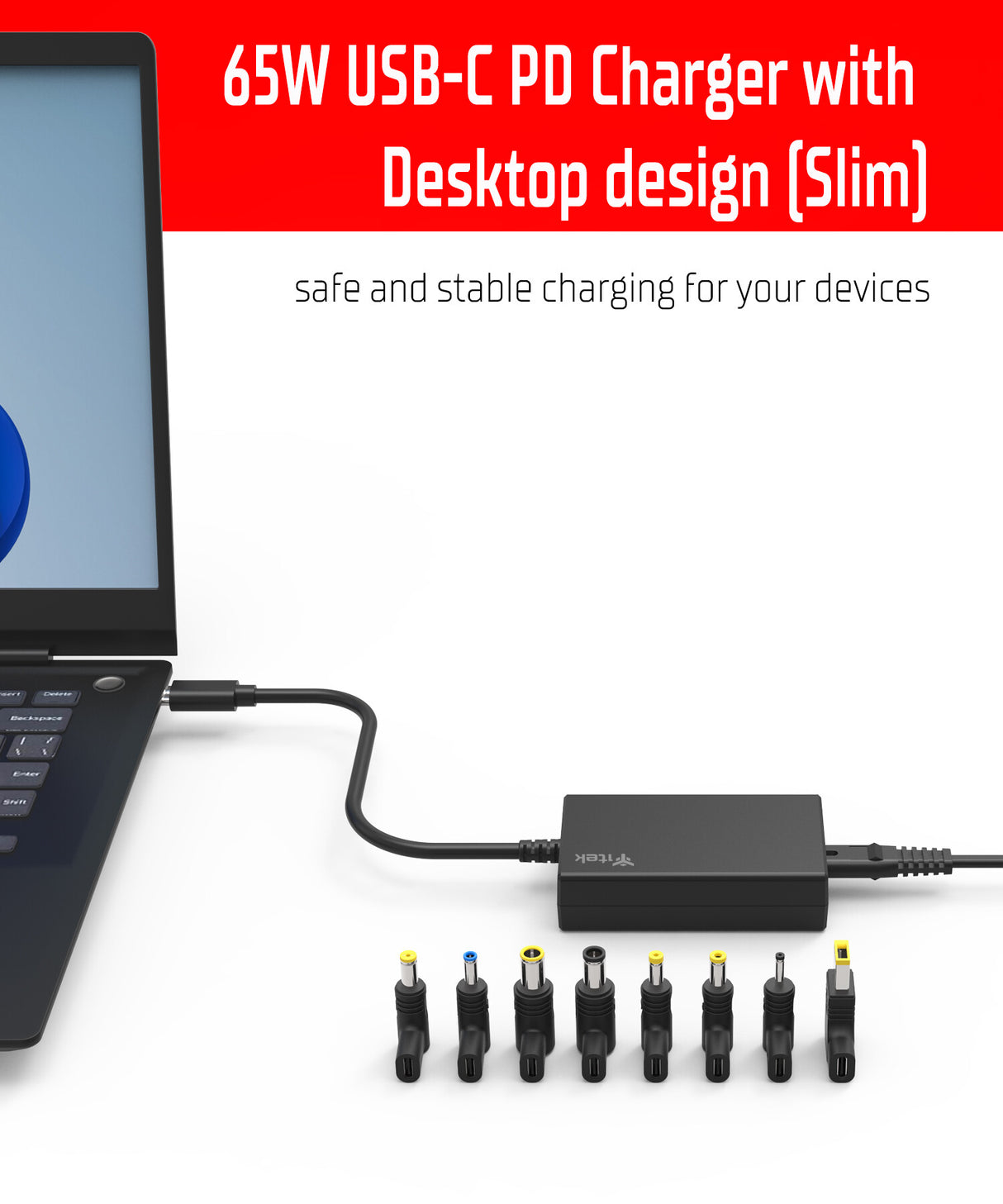 Alimentatore Universale per Notebook e Dispositivi USB-C- PD - 65W- Tecnologia GaN- Super Slim- USB-C e 8 connettori
